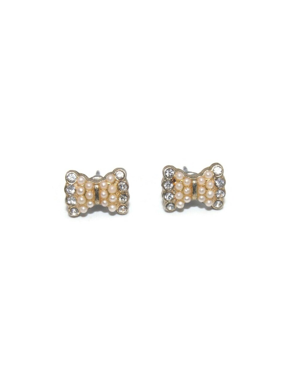 Vintage Gold Tone, Clear Rhinestones and Faux Pearls Bow Tie Stud Earrings.